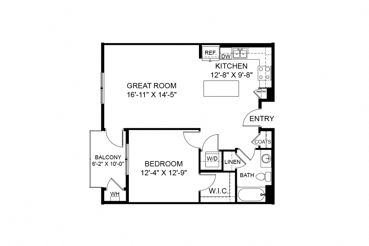 Floor plan for 1 bed, 1 bath, 859 sqft